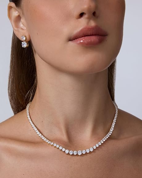 14K Gold Plated Graduated Tennis Necklaces for Women - Cubic Zirconia Tennis Necklace for Brides & Bridesmaids - Simulated Diamond Chain Trendy Wedding Jewelry XL-103