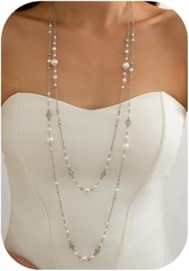 Long Gold Pearl Necklaces for Women Trendy Dainty Layered Pearl Statement Strand Chain Fashion Jewelry Gift Sweater Accessories XL-105