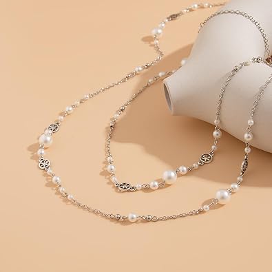 Long Gold Pearl Necklaces for Women Trendy Dainty Layered Pearl Statement Strand Chain Fashion Jewelry Gift Sweater Accessories XL-105