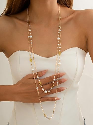 Long Gold Pearl Necklaces for Women Trendy Dainty Layered Pearl Statement Strand Chain Fashion Jewelry Gift Sweater Accessories XL-105