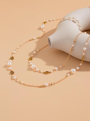 Long Gold Pearl Necklaces for Women Trendy Dainty Layered Pearl Statement Strand Chain Fashion Jewelry Gift Sweater Accessories XL-105