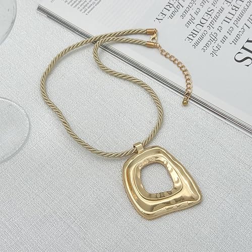 Statement Modern Geometric Hollow Square Pendant Rope Chain Necklace for Women Bold Fashion Layering Collarbone Jewelry Party Wear Accessory XL-107