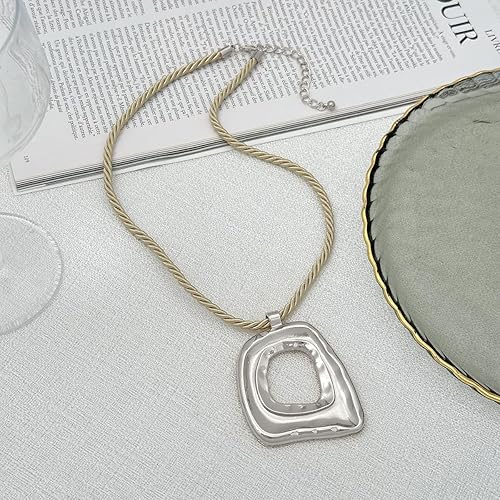 Statement Modern Geometric Hollow Square Pendant Rope Chain Necklace for Women Bold Fashion Layering Collarbone Jewelry Party Wear Accessory XL-107