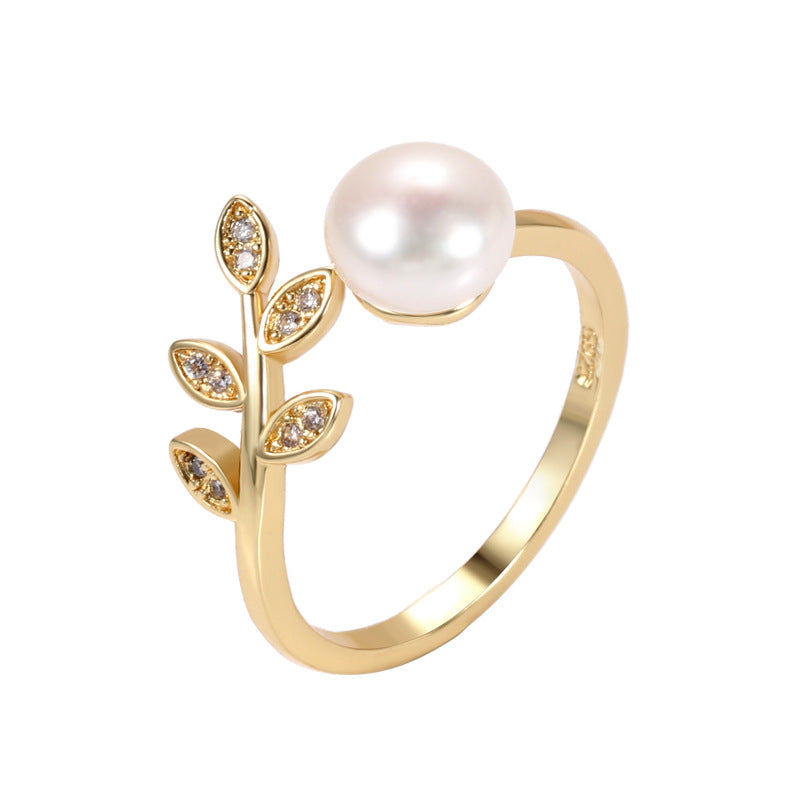 Freshwater Pearl Ring: Fashionable, Unique, Minimalist Leaf-Shaped Adjustable Band Ring JZ-125