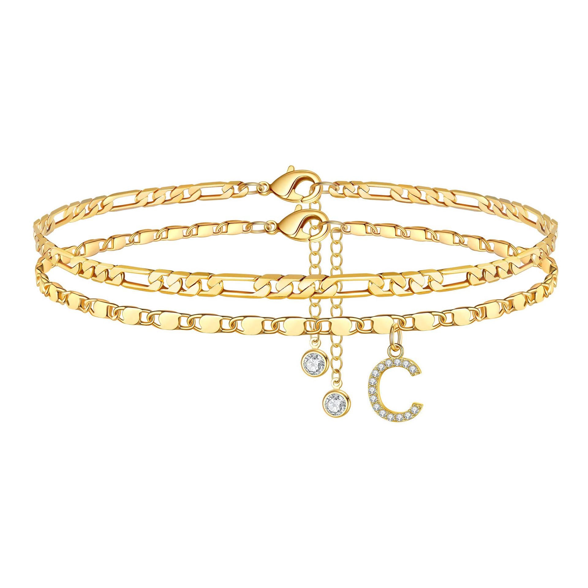 Zirconia 26-Letter Stainless Steel Ankle Chain Fashionable Figaro Chain Double-Layer Ankle Accessory Summer Layered Ankle Chain JL-096