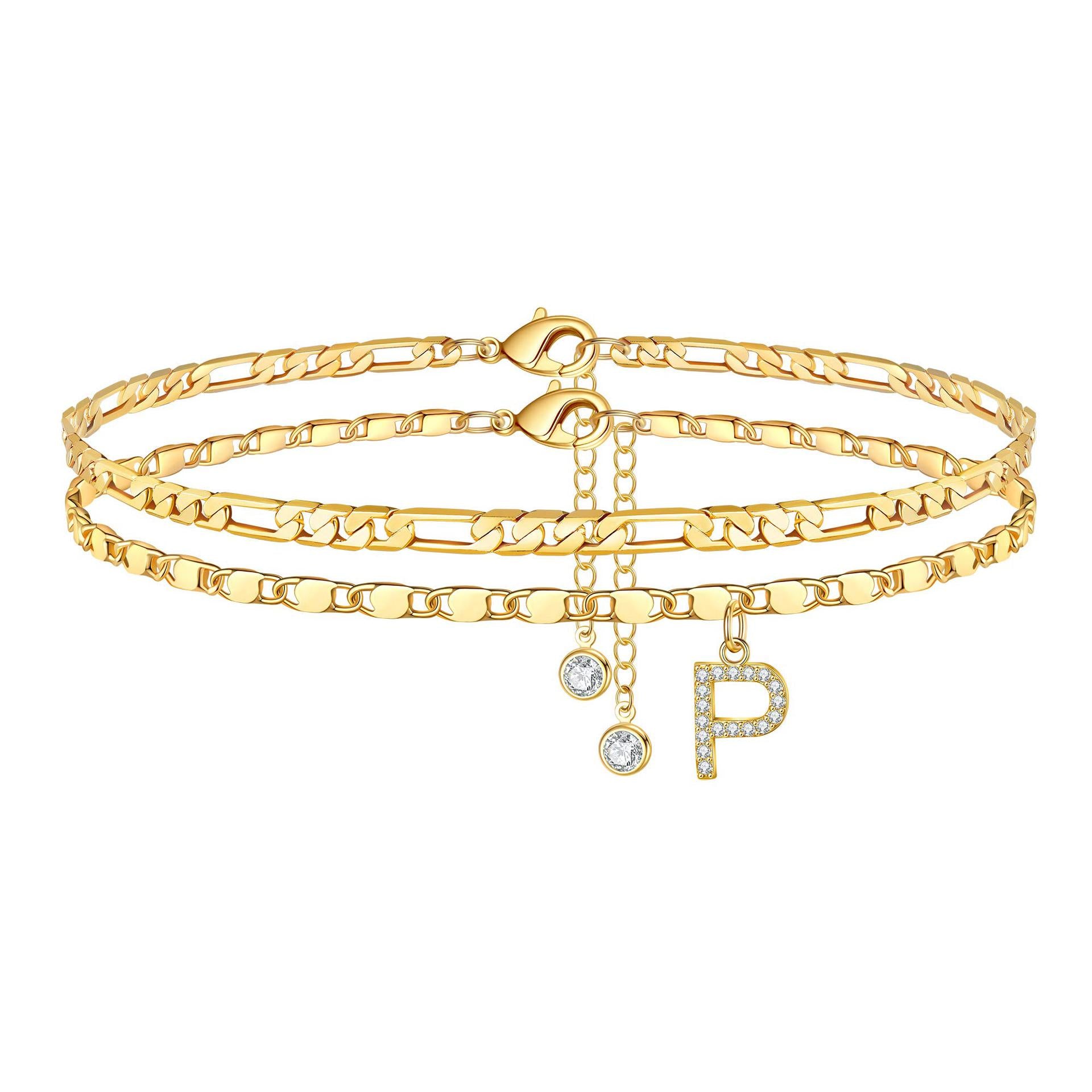 Zirconia 26-Letter Stainless Steel Ankle Chain Fashionable Figaro Chain Double-Layer Ankle Accessory Summer Layered Ankle Chain JL-096
