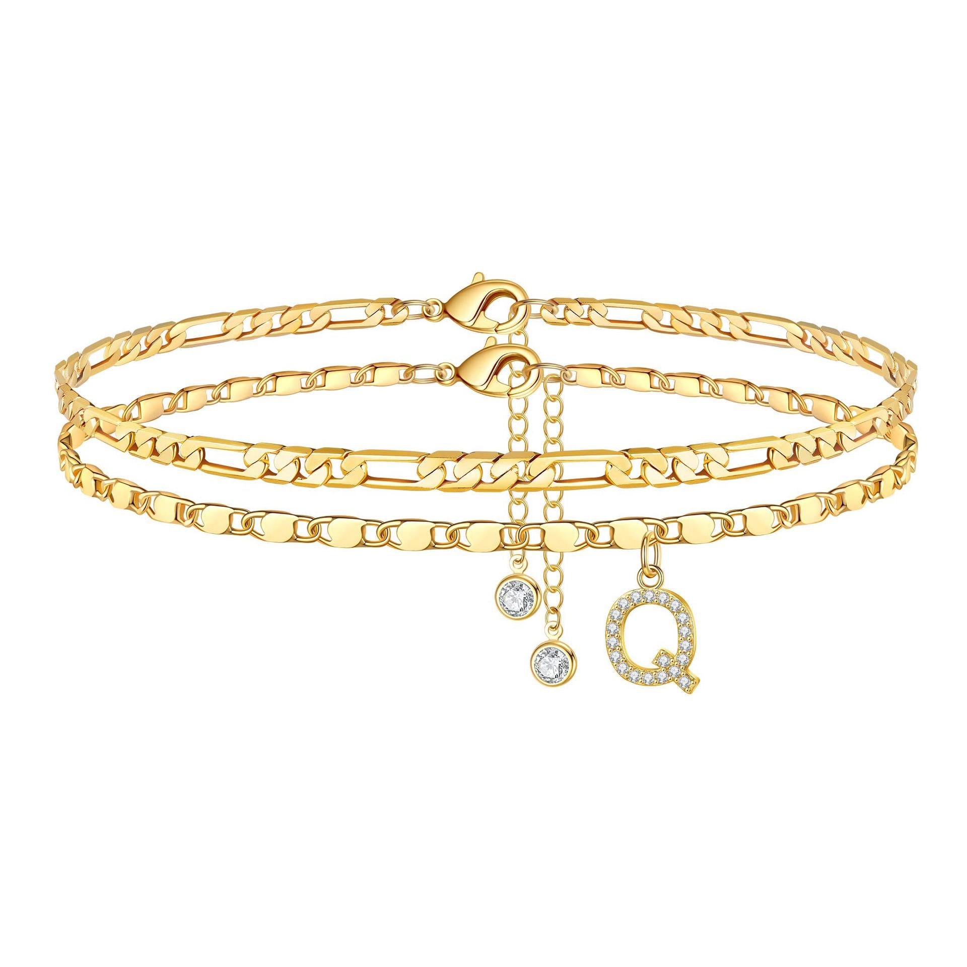 Zirconia 26-Letter Stainless Steel Ankle Chain Fashionable Figaro Chain Double-Layer Ankle Accessory Summer Layered Ankle Chain JL-096