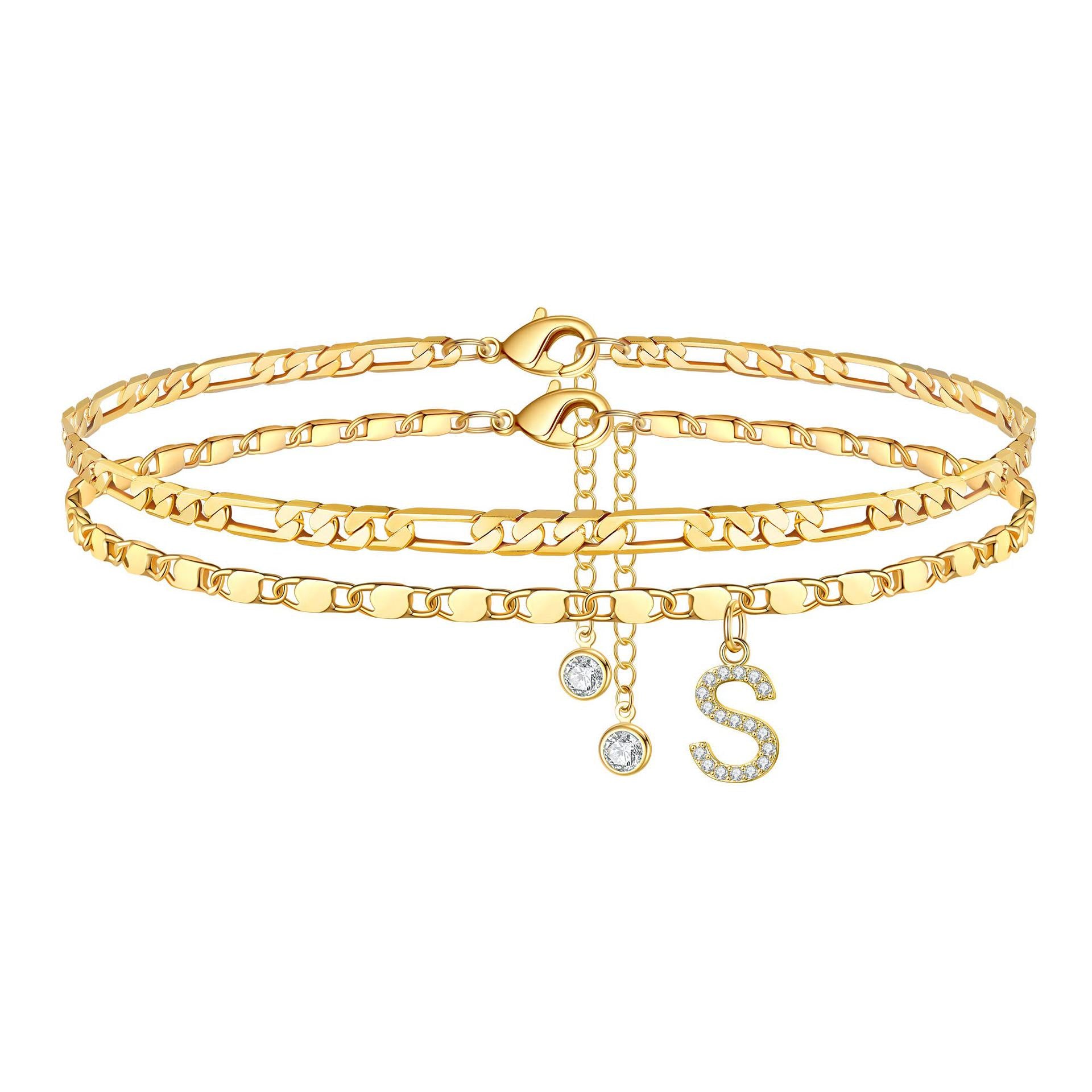 Zirconia 26-Letter Stainless Steel Ankle Chain Fashionable Figaro Chain Double-Layer Ankle Accessory Summer Layered Ankle Chain JL-096