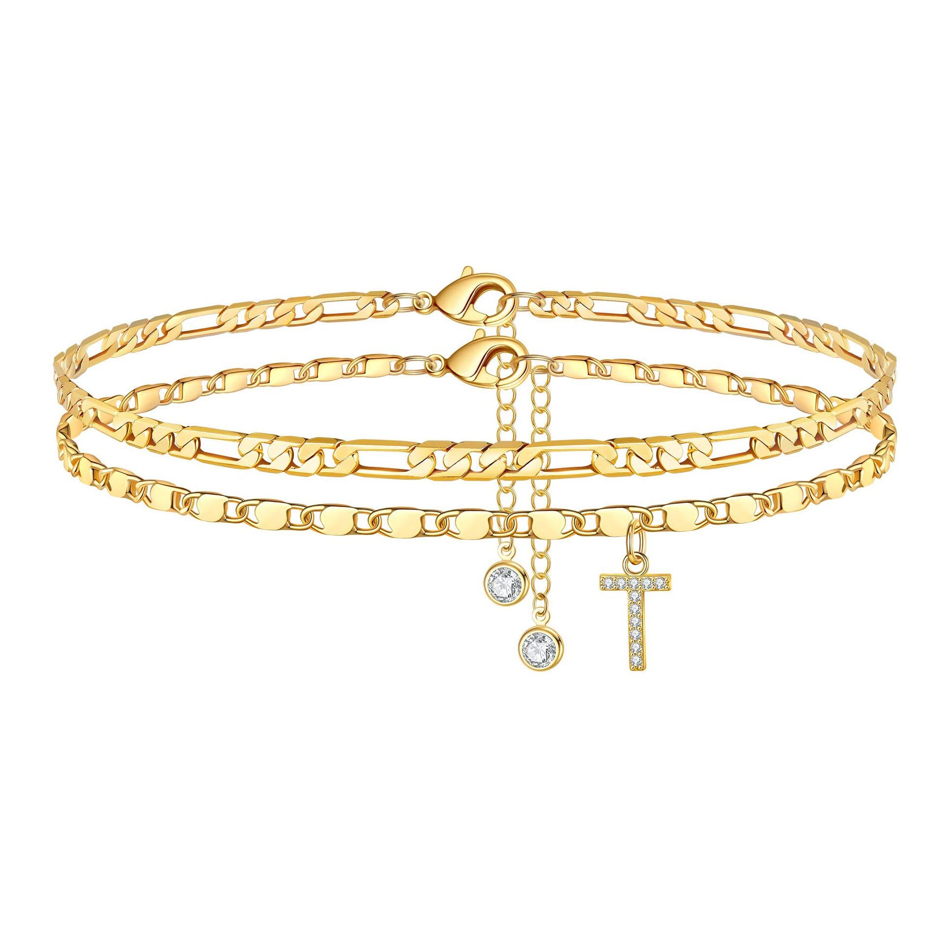 Zirconia 26-Letter Stainless Steel Ankle Chain Fashionable Figaro Chain Double-Layer Ankle Accessory Summer Layered Ankle Chain JL-096