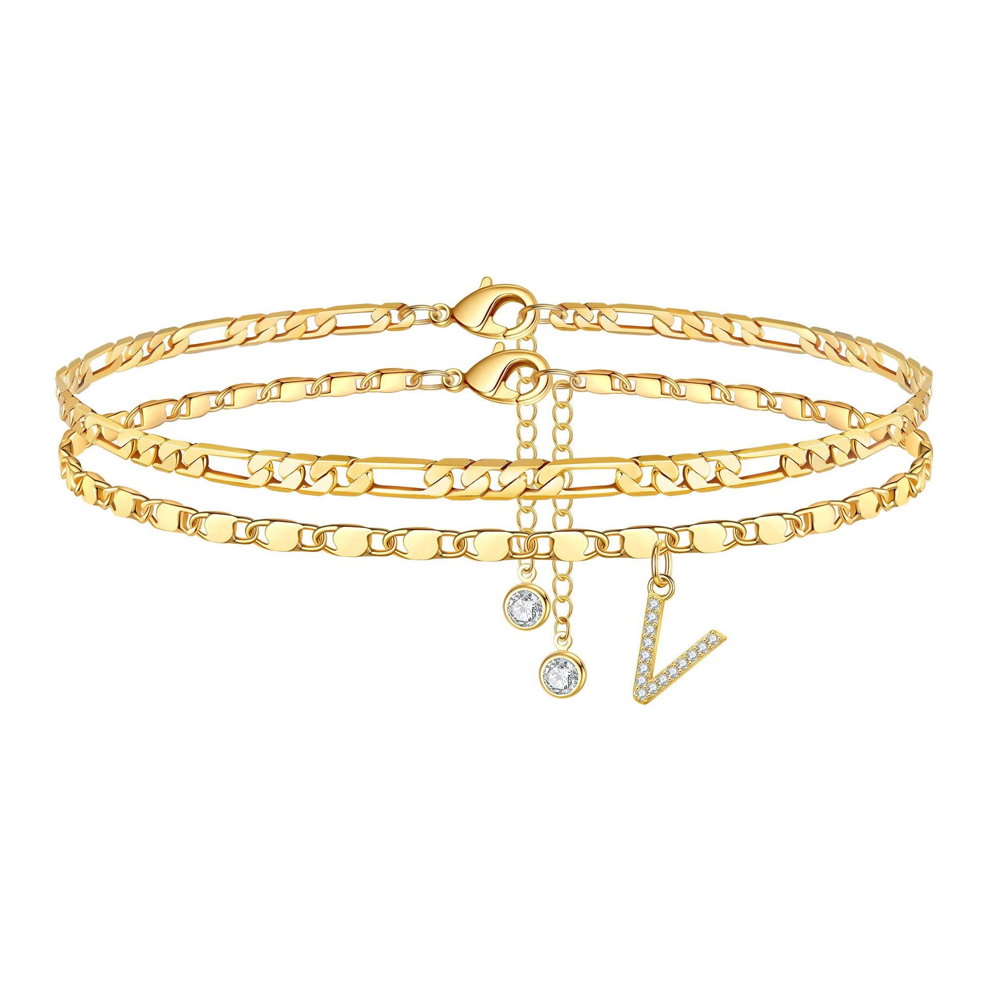 Zirconia 26-Letter Stainless Steel Ankle Chain Fashionable Figaro Chain Double-Layer Ankle Accessory Summer Layered Ankle Chain JL-096