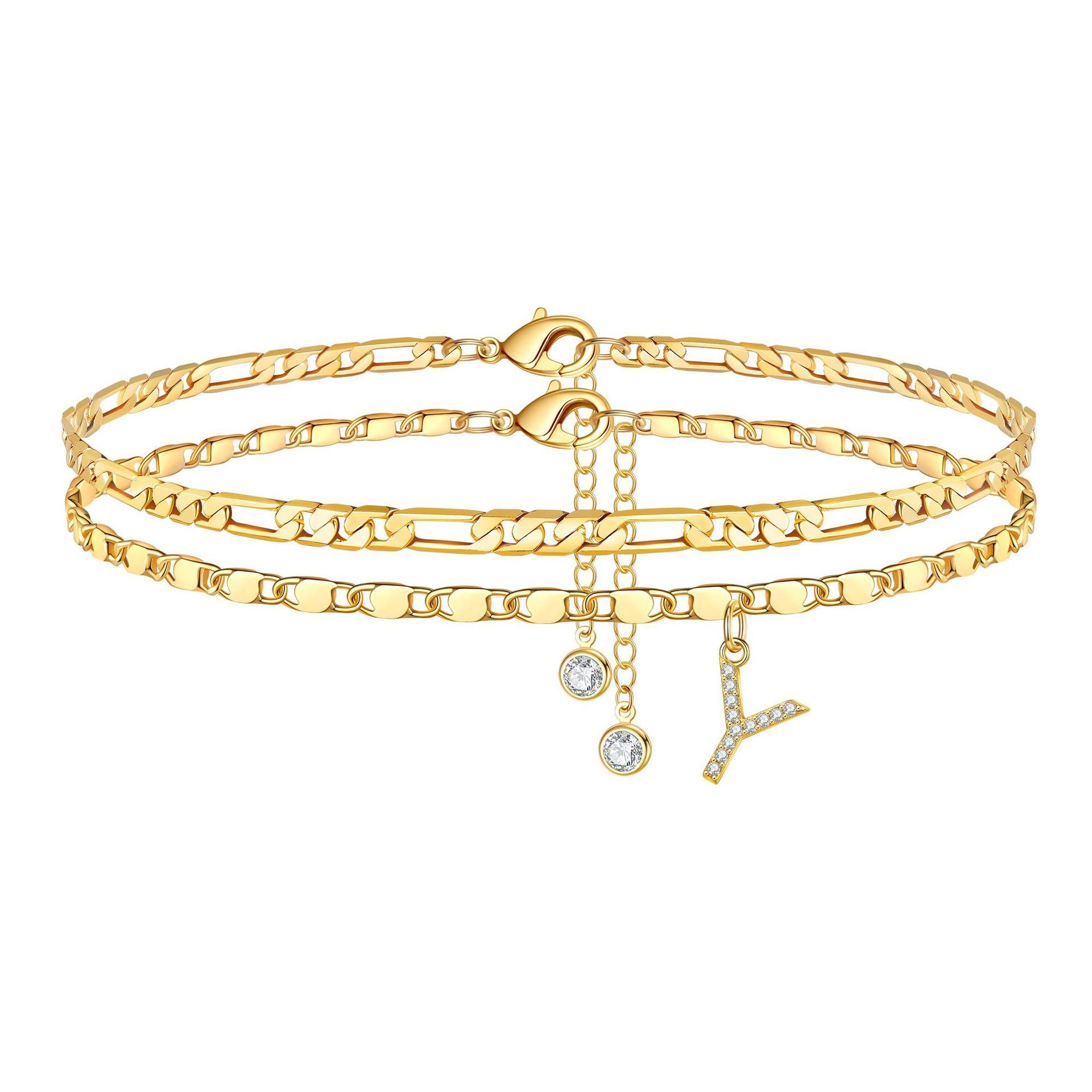 Zirconia 26-Letter Stainless Steel Ankle Chain Fashionable Figaro Chain Double-Layer Ankle Accessory Summer Layered Ankle Chain JL-096