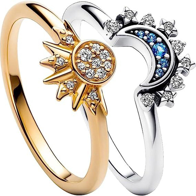 Minimalist Shimmering Sun and Moon Blue Diamond-Studded Stackable Celestial Couple's Ring Set JZ-127