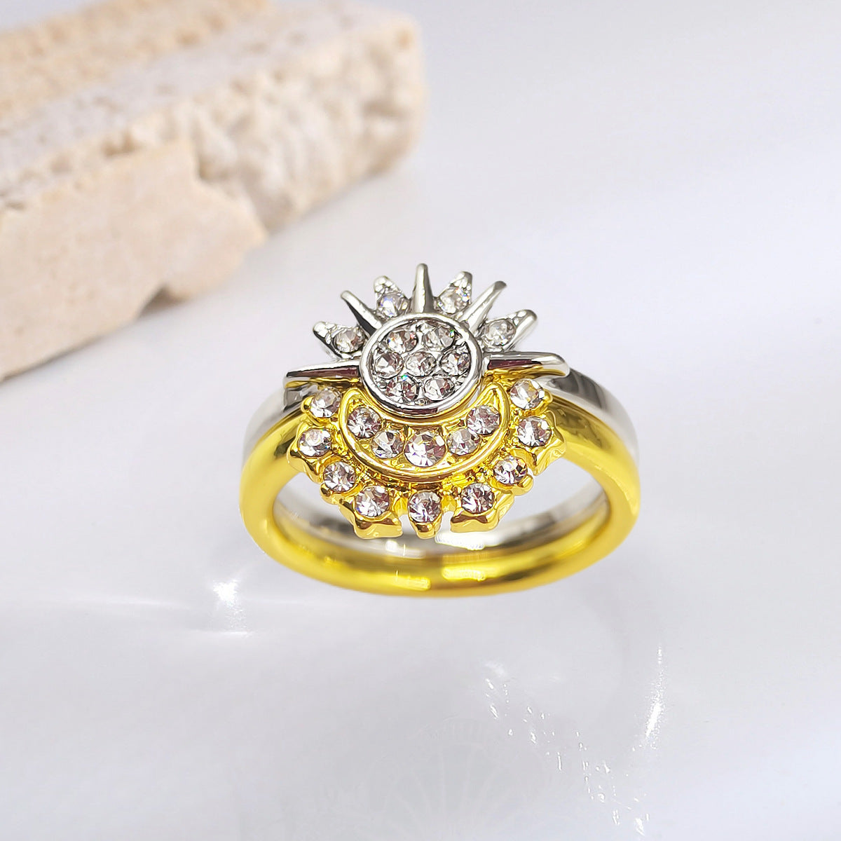 Minimalist Shimmering Sun and Moon Blue Diamond-Studded Stackable Celestial Couple's Ring Set JZ-127