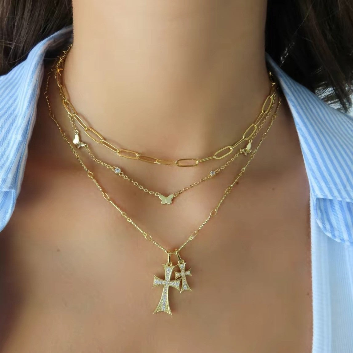 Copper-Inlaid Zircon Full-Diamond Double Cross Necklace XL-114