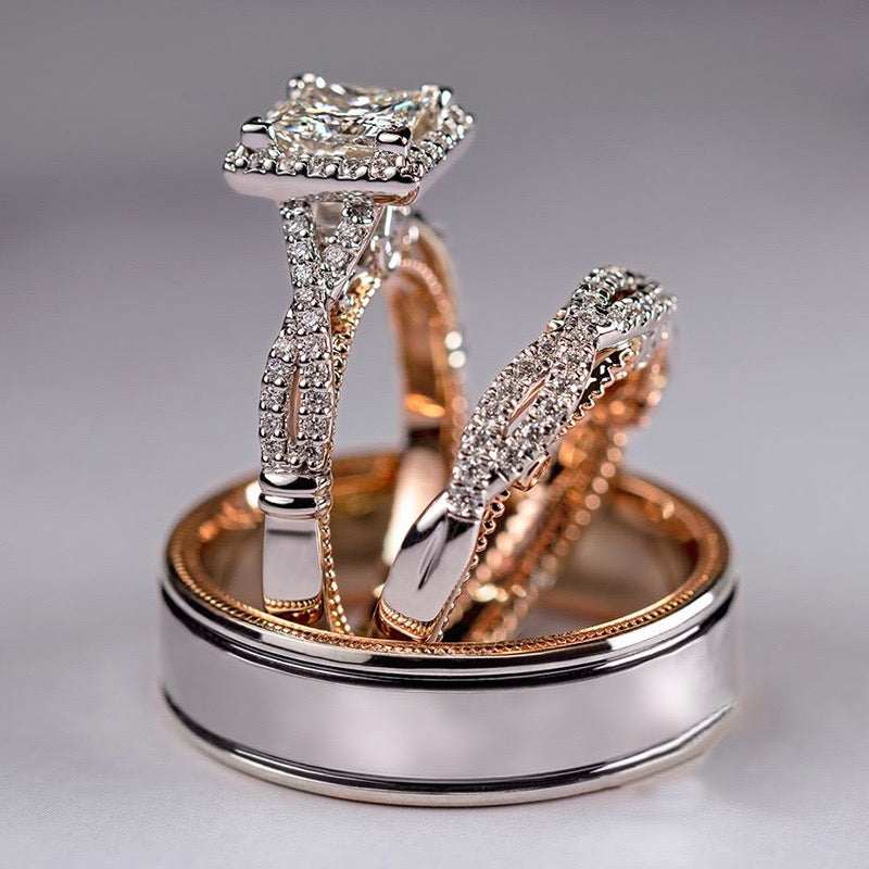 Three-Piece Set Ring Rose Gold Two-Tone Sparkling Zirconia Ring Luxury Women's Engagement Ring JZ-123