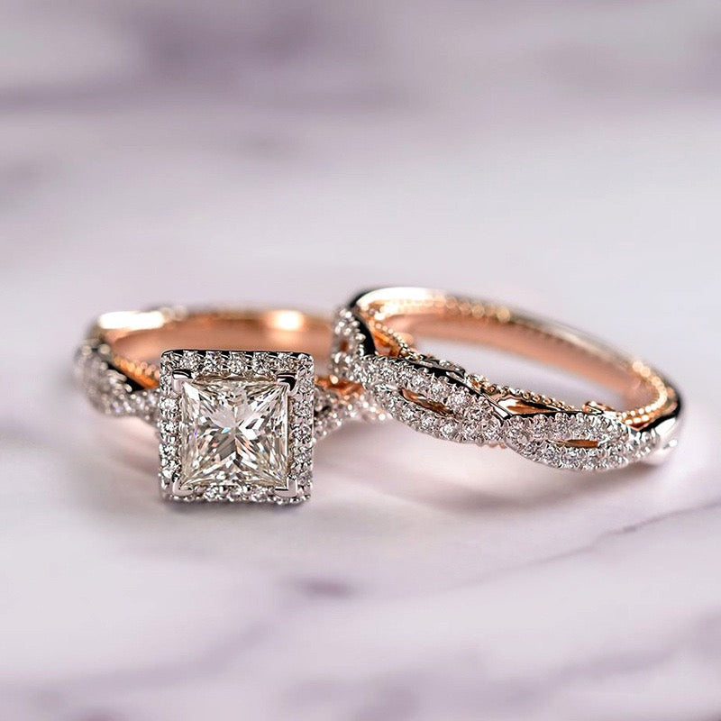Three-Piece Set Ring Rose Gold Two-Tone Sparkling Zirconia Ring Luxury Women's Engagement Ring JZ-123