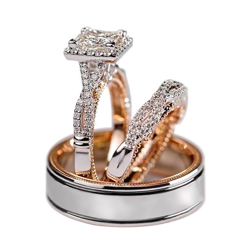 Three-Piece Set Ring Rose Gold Two-Tone Sparkling Zirconia Ring Luxury Women's Engagement Ring JZ-123