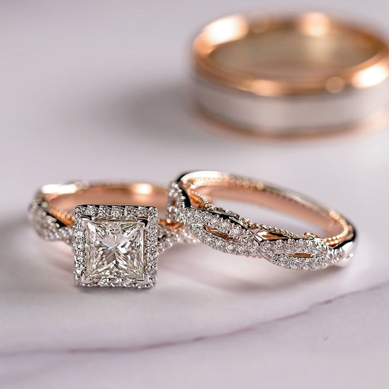 Three-Piece Set Ring Rose Gold Two-Tone Sparkling Zirconia Ring Luxury Women's Engagement Ring JZ-123