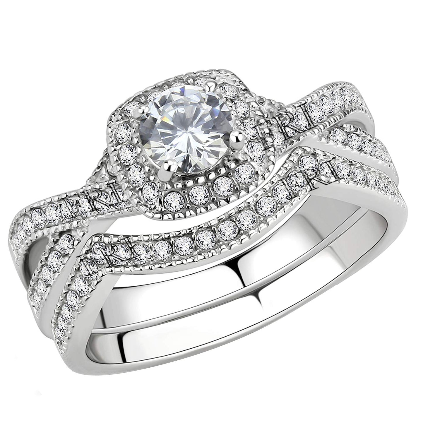 Stainless Steel Rings for Women Infinity Wedding Set Round CZ Cubic Zirconia Halo Engagement Bridal Jewelry Set JZ-007