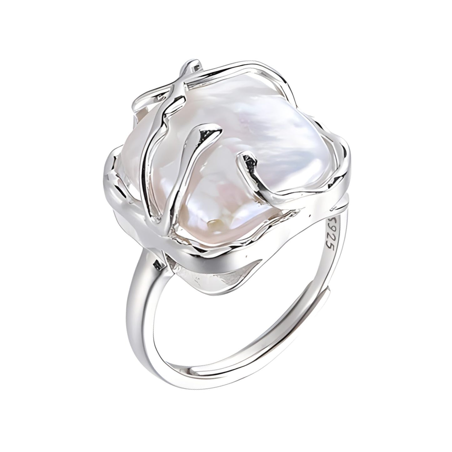Irregular Pearl Ladies Silver Ring, Baroque Pearl Ring 925 Sterling Silver Ring, Fashion Statement Ring Suitable for Woman Daily Birthday Anniversary Valentine's Day Gift JZ-025