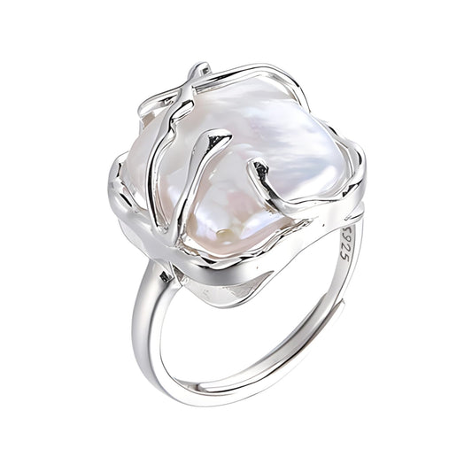 Irregular Pearl Ladies Silver Ring, Baroque Pearl Ring 925 Sterling Silver Ring, Fashion Statement Ring Suitable for Woman Daily Birthday Anniversary Valentine's Day Gift JZ-025