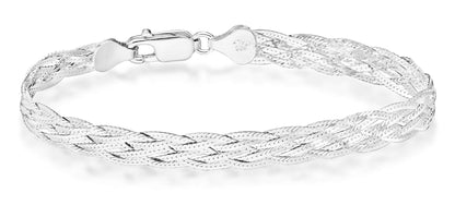925 Sterling Silver, Tri-Color 18K Gold Plated 6-Strand Diamond-Cut 7mm Braided Herringbone Chain Bracelet for Women SL-025