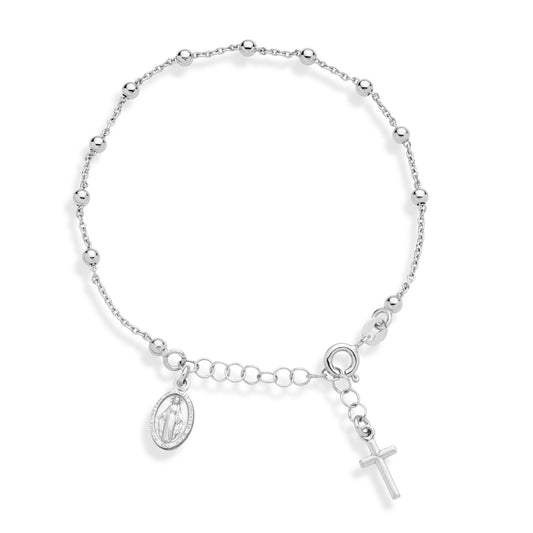 925 Sterling Silver Italian Rosary Cross Bead Charm Link Chain Bracelet for Women, Adjustable SL-041