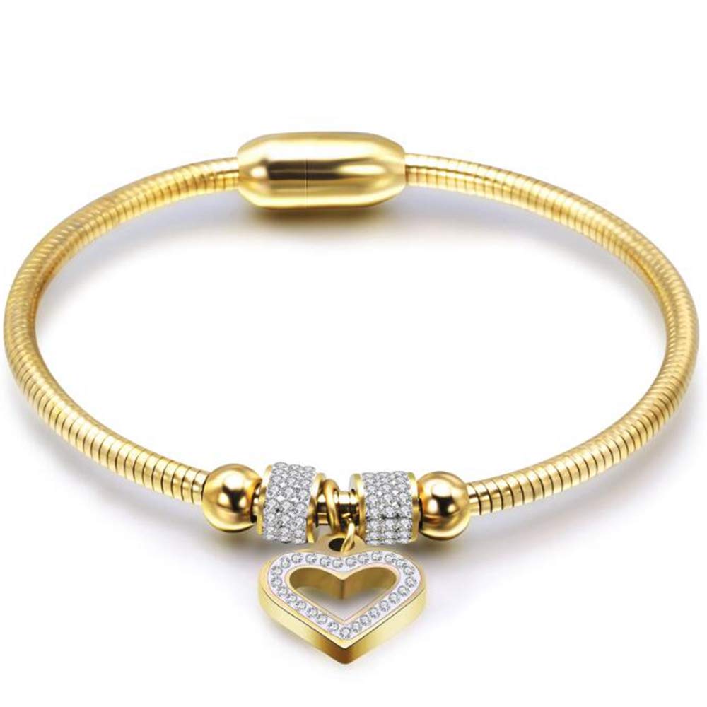 Stainless Steel Heart Charm Cubic Zircon Anniversary Valentine Bangle Bracelet SL-023