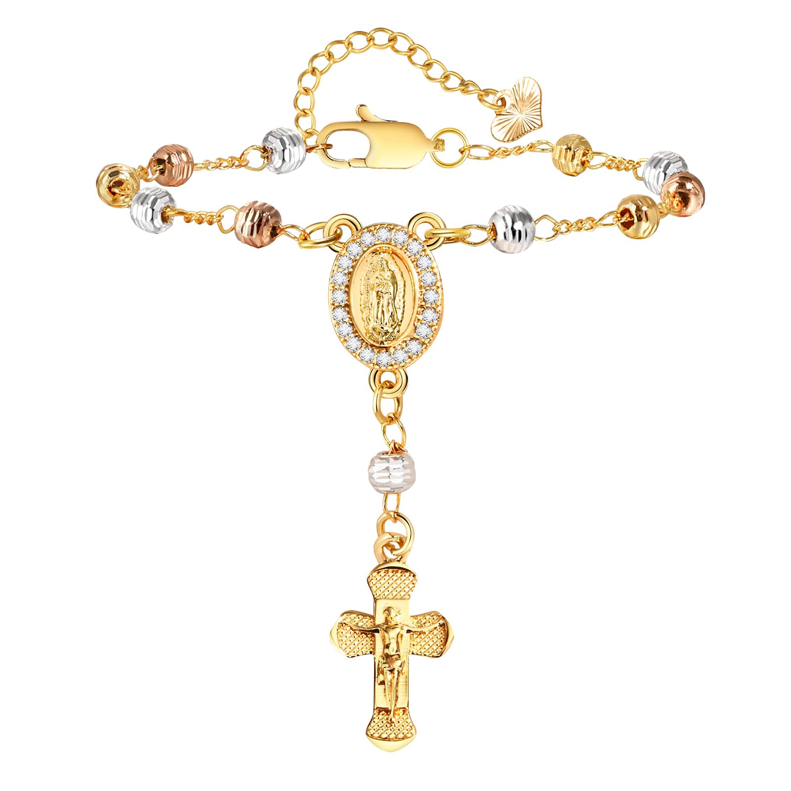 Catholic Crucifix Gifts Rosary Bracelet for Women-14K Gold Virgin Mary Jesus Cross Charm Link Chain, Dainty Virgen de Guadalupe Religious Gift for Confirmation Baptism First Communion Easter SL-048