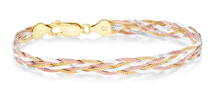 925 Sterling Silver, Tri-Color 18K Gold Plated 6-Strand Diamond-Cut 7mm Braided Herringbone Chain Bracelet for Women SL-025