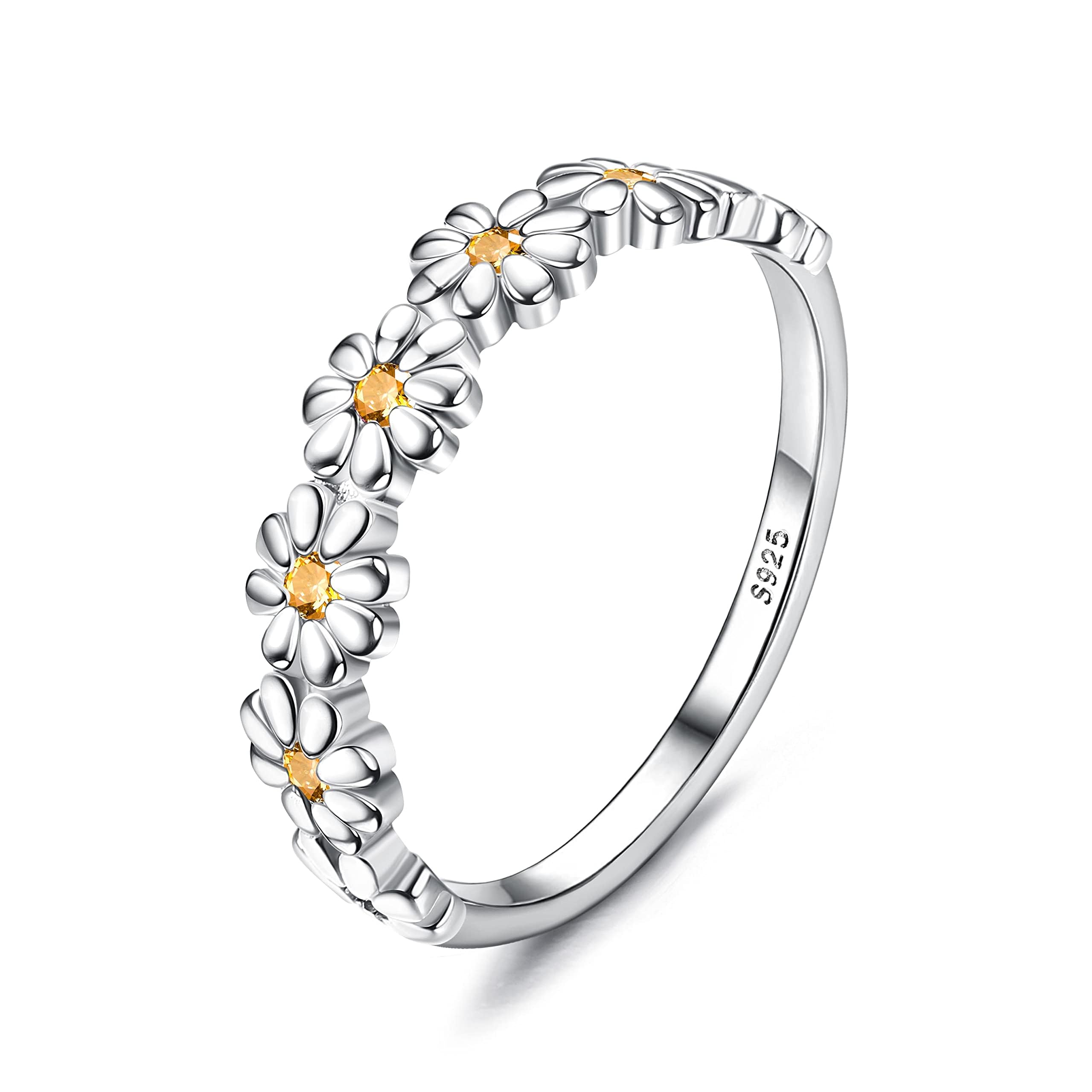 925 Sterling Silver Ring 18K Gold Plated Daisy Flower Ring Paved with Coloful Cubic Zirconia High Polished Comfort Fit Sunflower Stacking Statement Wedding Band Ring for Women JZ-027