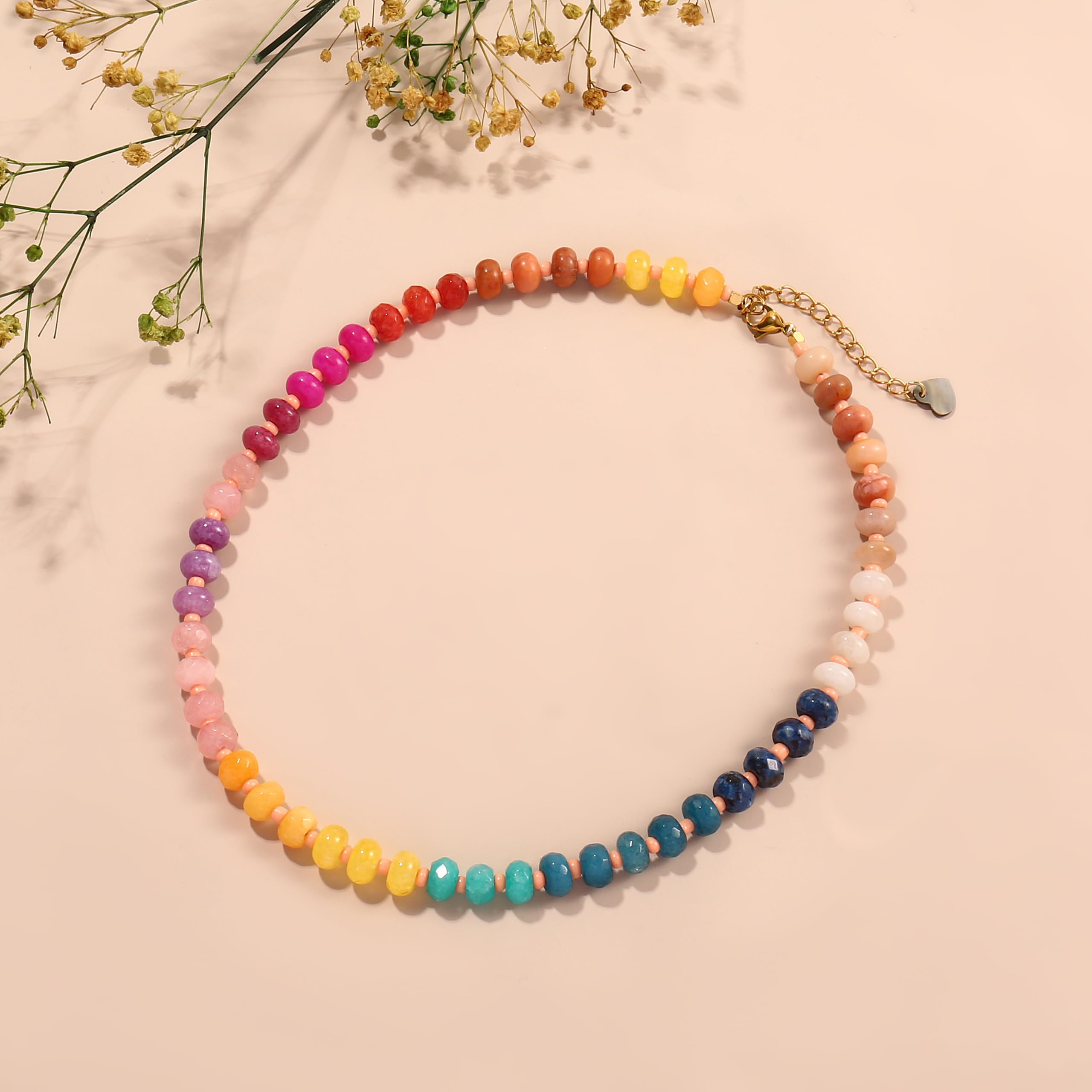 Colorful Gemstone Beaded Necklaces For Women Trendy Rainbow Natural Stone Boho Handmade Stainless Steel Waterproof Strand Necklaces Jewelry For Women Gift XL-014