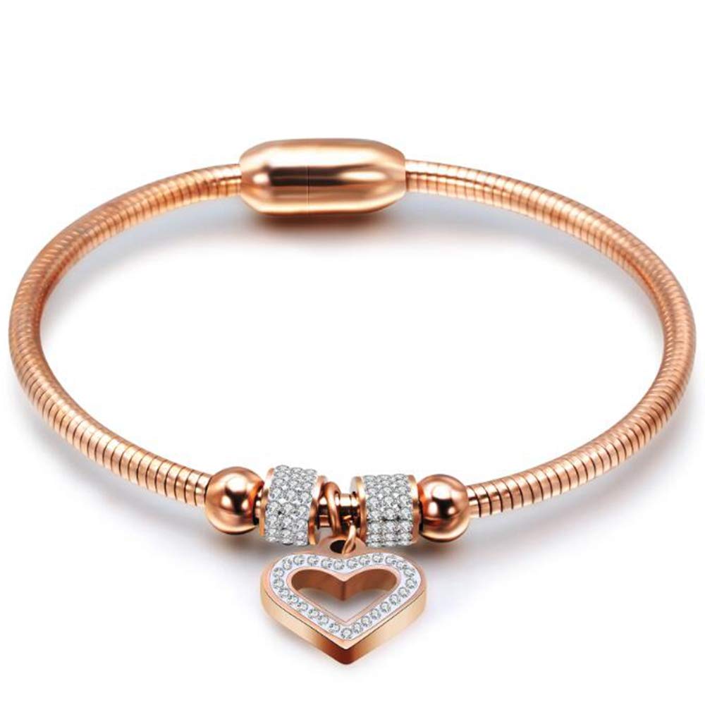 Stainless Steel Heart Charm Cubic Zircon Anniversary Valentine Bangle Bracelet SL-023