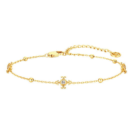 Womens 18k Gold Plated White Shell Cubic Zirconia Square Cross Adjustable Chain Link Bracelets 6.69" with 2" Extender SL-037