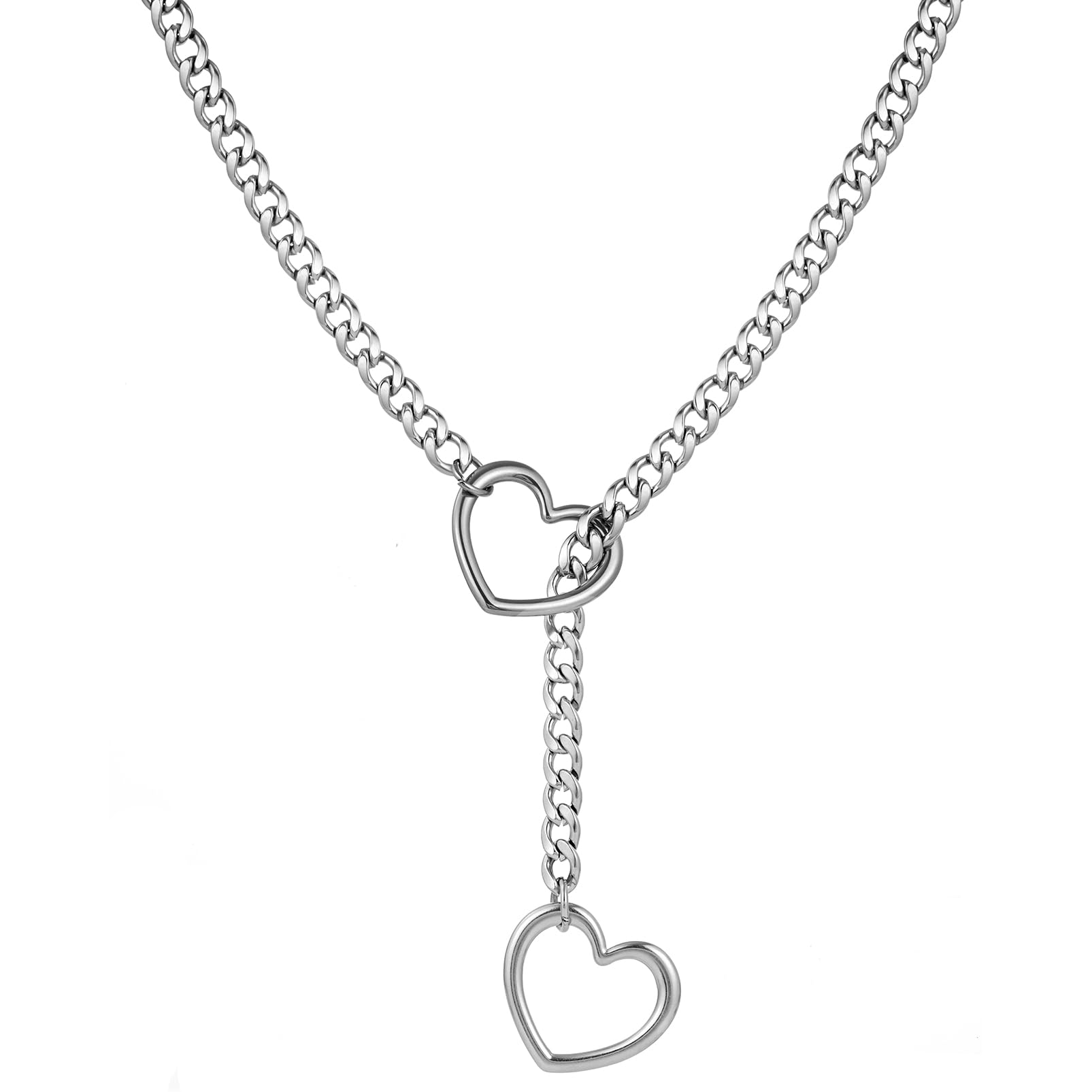 Heart Slip Chain Necklaces for Women,Stainless Steel O-Ring Adjustable Lariat Heart Y-Necklace,Punk Gothic Cuban Collar Choker Necklace for women XL-011