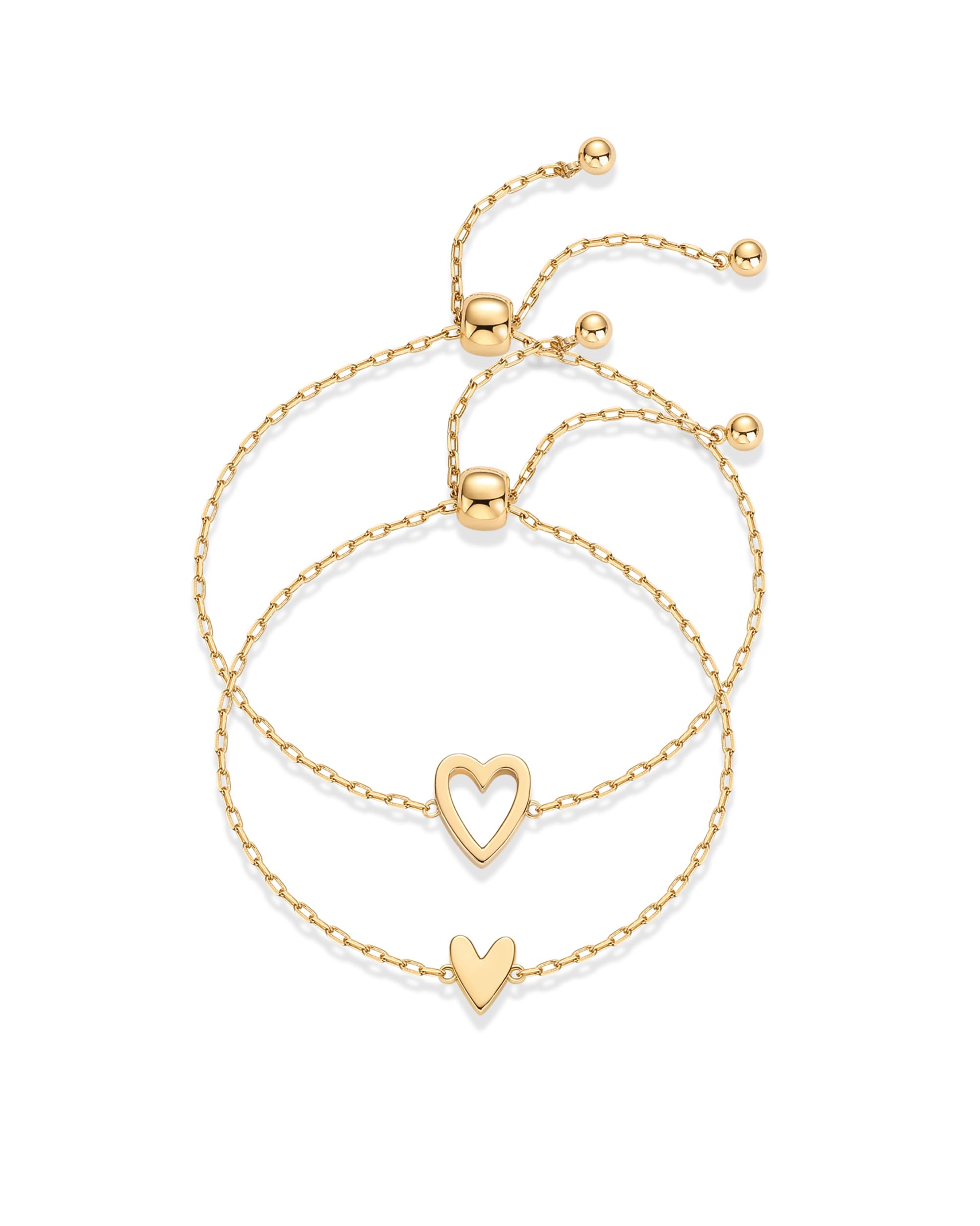 14K Gold Plated Matching Heart Charms Solitaire Bracelet Set for Women | Adjustable Love Friendship Two Bracelet Pack SL-017