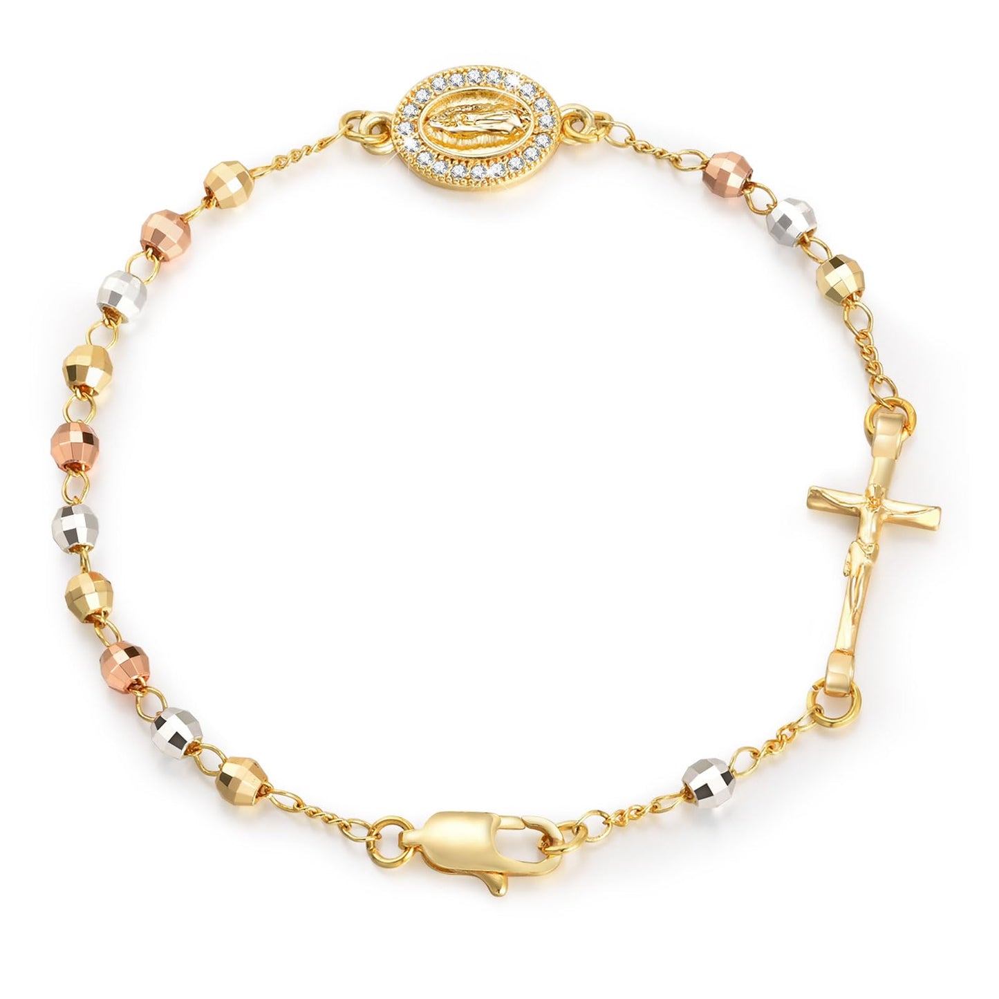 Catholic Crucifix Gifts Rosary Bracelet for Women-14K Gold Virgin Mary Jesus Cross Charm Link Chain, Dainty Virgen de Guadalupe Religious Gift for Confirmation Baptism First Communion Easter SL-048