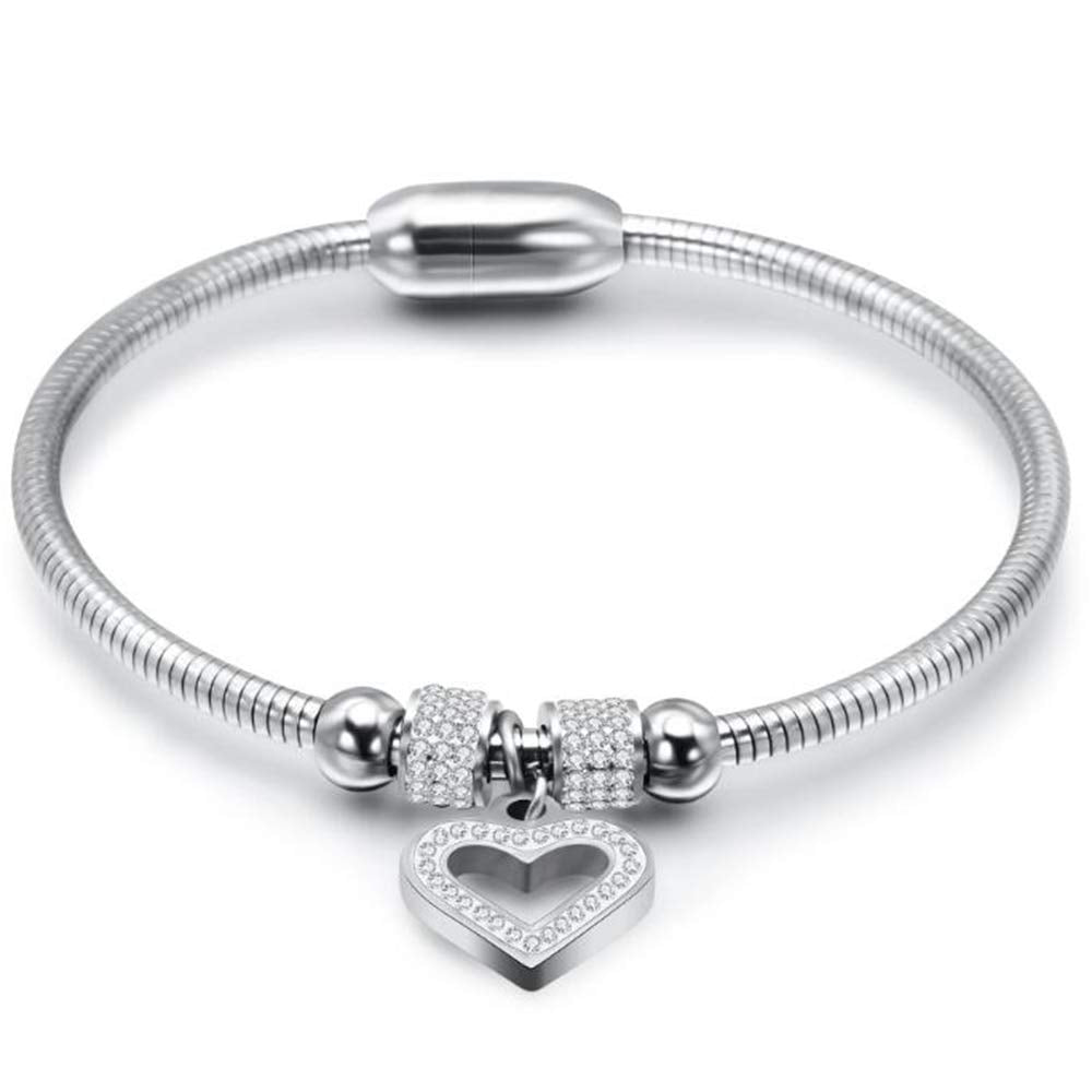 Stainless Steel Heart Charm Cubic Zircon Anniversary Valentine Bangle Bracelet SL-023