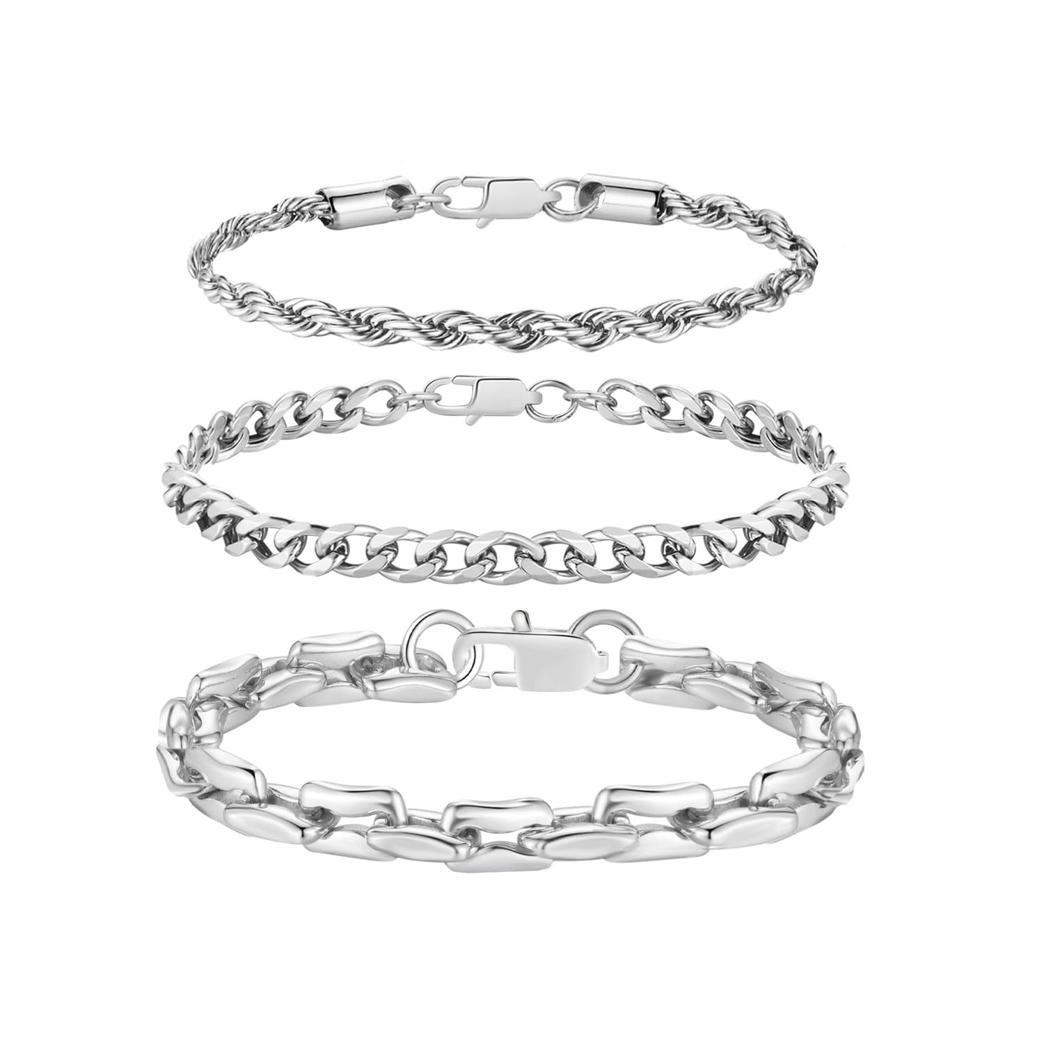 3Pcs Chain Bracelets for Men Women Stainless Steel Paperclip Figaro Rope Cuban Link Chain 6.7/7.5/8.3Inches Unisex Wrist Jewelry Gift SL-007