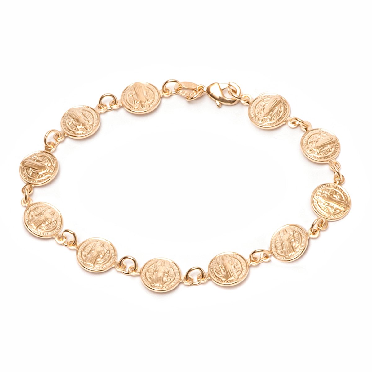 18K Gold Plated Religious Bracelet with Saint Benedict Coins, 7.5 Inches SL-035