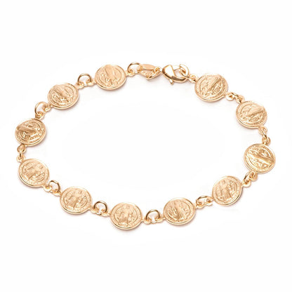 18K Gold Plated Religious Bracelet with Saint Benedict Coins, 7.5 Inches SL-035