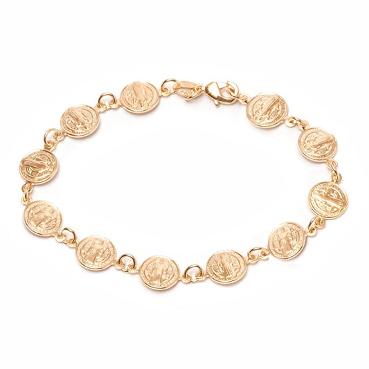 18K Gold Plated Religious Bracelet with Saint Benedict Coins, 7.5 Inches SL-035