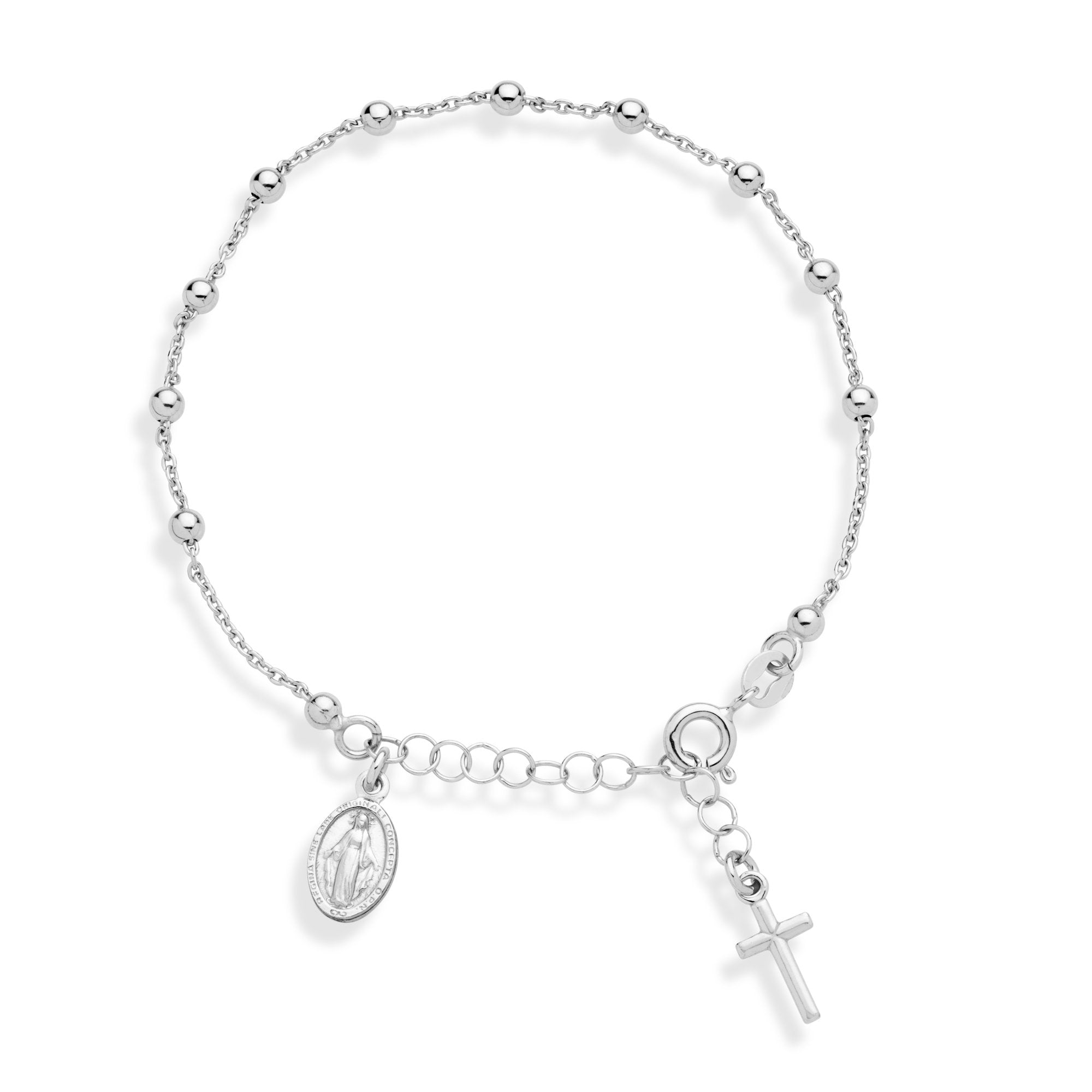 925 Sterling Silver Italian Rosary Cross Bead Charm Link Chain Bracelet for Women, Adjustable SL-041