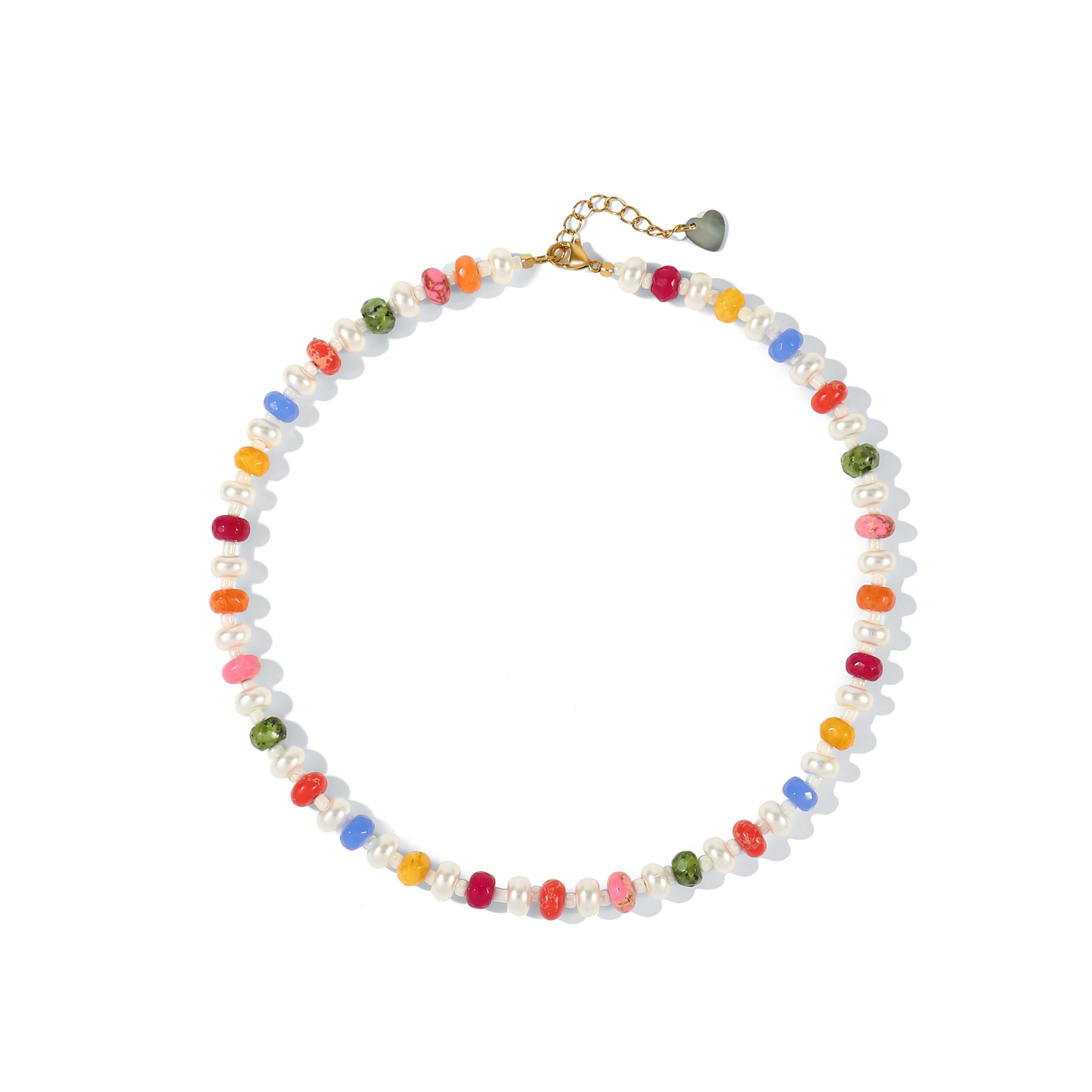 Colorful Gemstone Beaded Necklaces For Women Trendy Rainbow Natural Stone Boho Handmade Stainless Steel Waterproof Strand Necklaces Jewelry For Women Gift XL-014