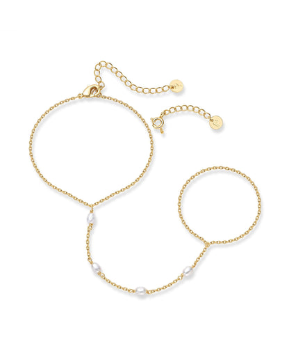 14K Gold Plated Freshwater Pearl Gold Hand Chain Bracelet for Women - Trendy Ring Bracelet Hand Chain Body Jewelry SL-038
