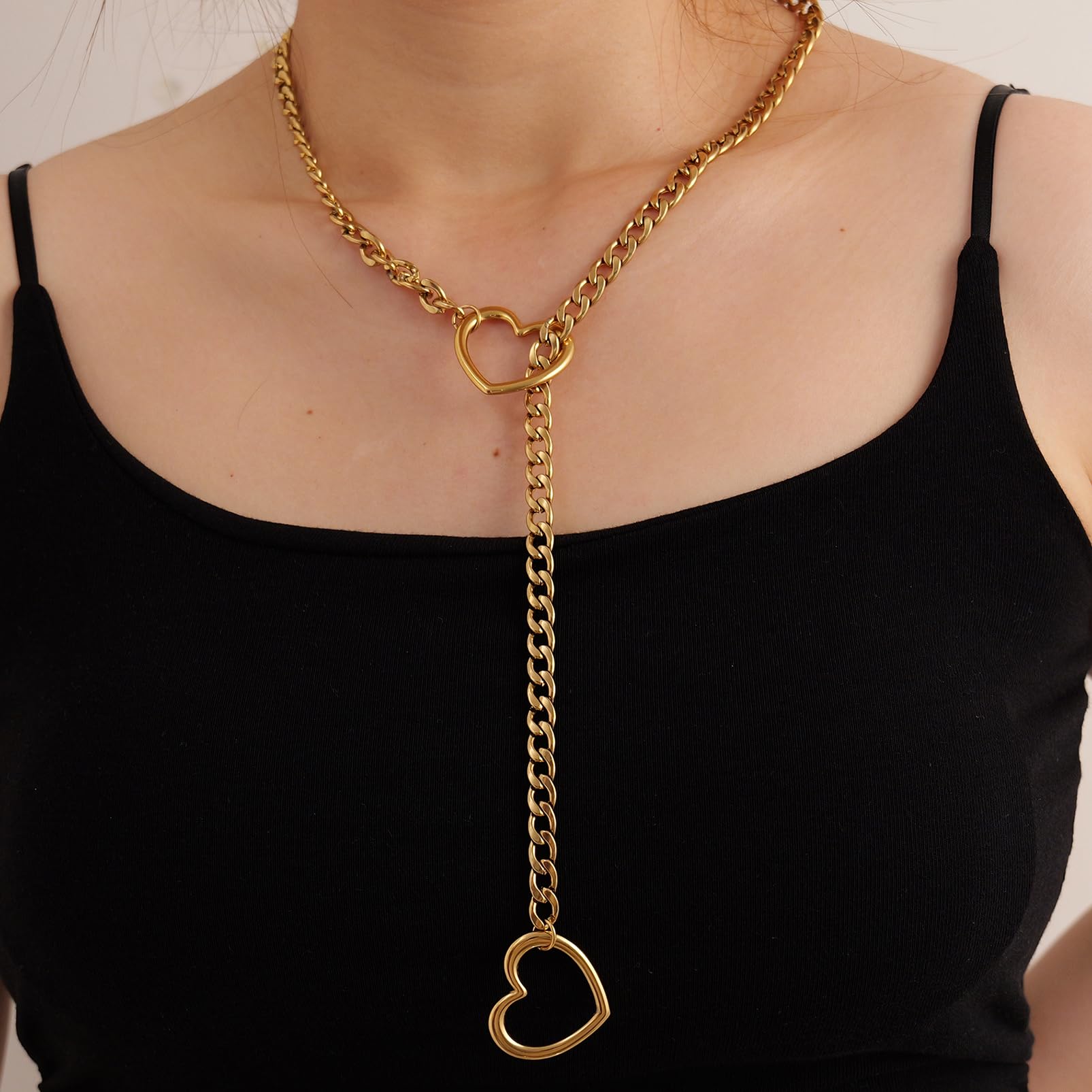 Heart Slip Chain Necklaces for Women,Stainless Steel O-Ring Adjustable Lariat Heart Y-Necklace,Punk Gothic Cuban Collar Choker Necklace for women XL-011