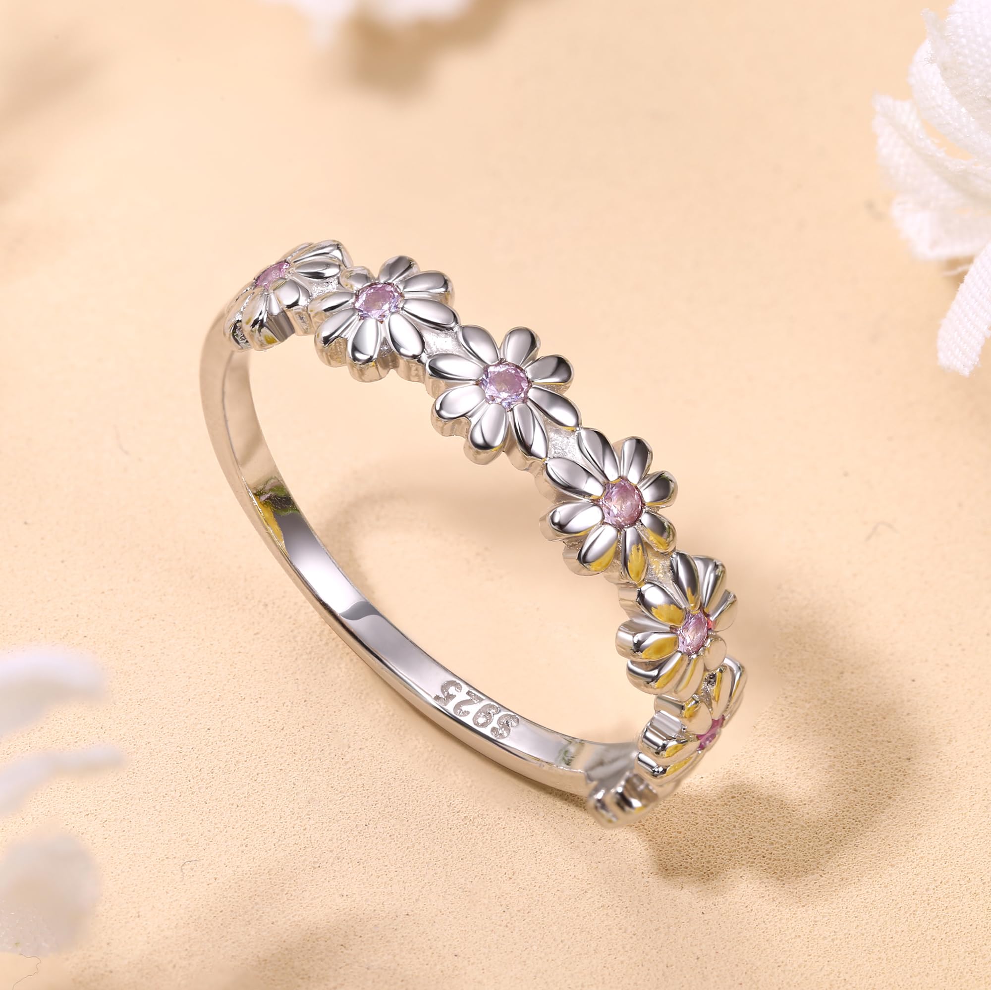 925 Sterling Silver Ring 18K Gold Plated Daisy Flower Ring Paved with Coloful Cubic Zirconia High Polished Comfort Fit Sunflower Stacking Statement Wedding Band Ring for Women JZ-027