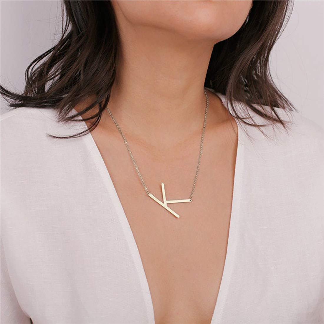 Sideways Initial Necklace 18K Gold Plated Stainless Steel Large Big Letters Pendant Necklace Script Name Monogram Necklaces for Women XL-012