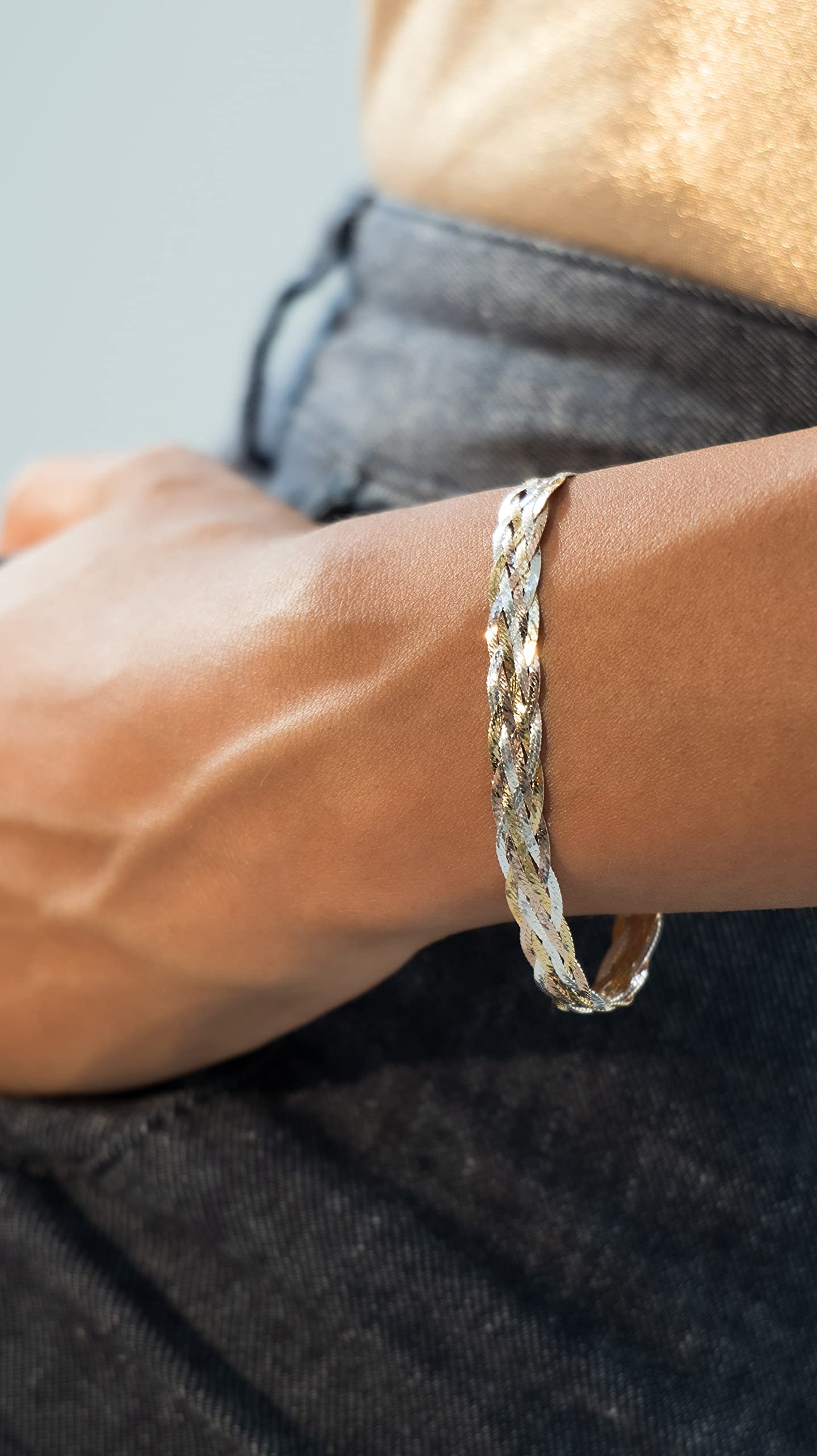 925 Sterling Silver, Tri-Color 18K Gold Plated 6-Strand Diamond-Cut 7mm Braided Herringbone Chain Bracelet for Women SL-025