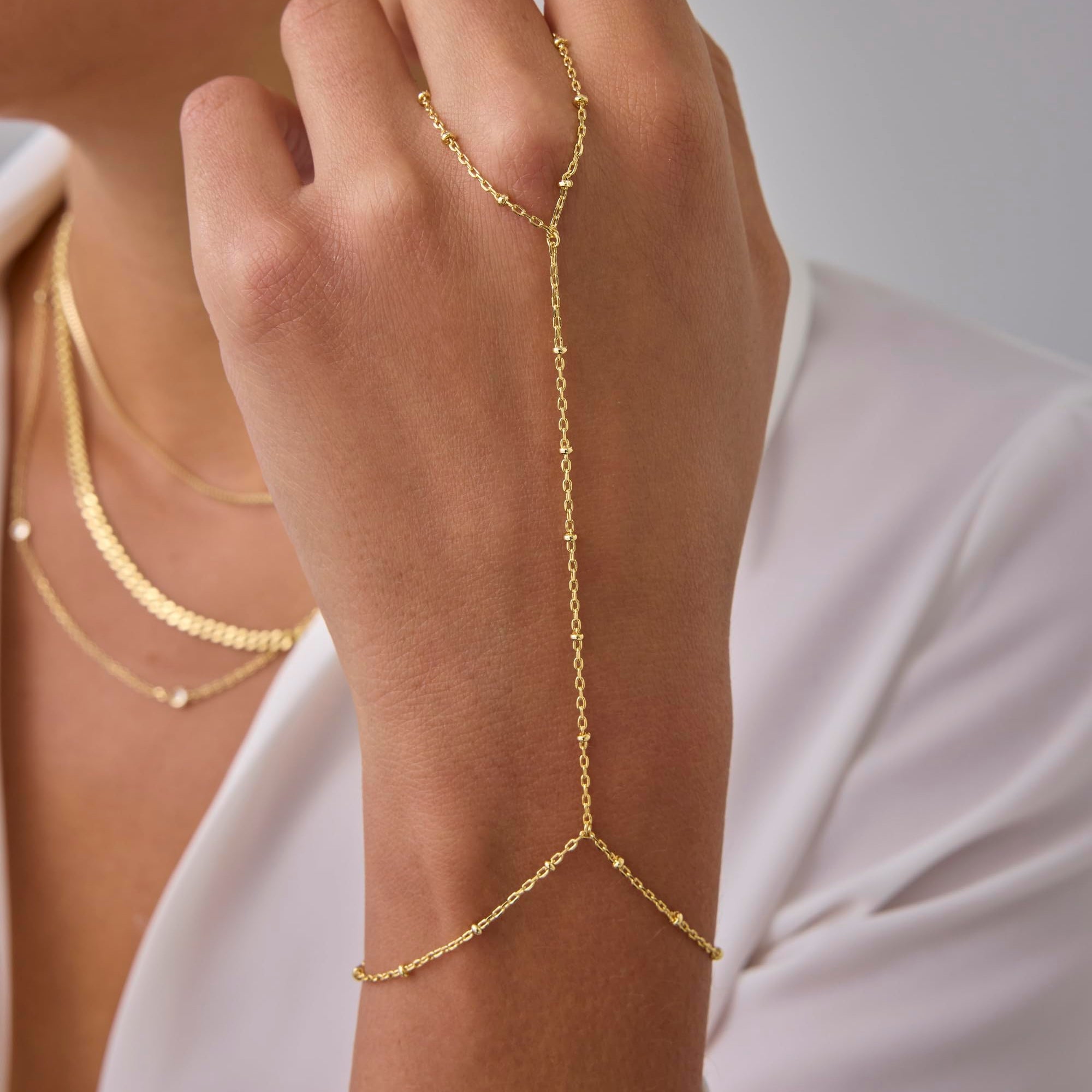 14K Gold Plated Freshwater Pearl Gold Hand Chain Bracelet for Women - Trendy Ring Bracelet Hand Chain Body Jewelry SL-038